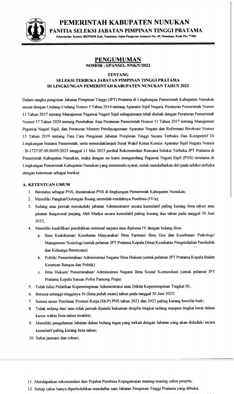 Seleksi Tiga JPTP Kabupaten Nunukan Siap Digelar