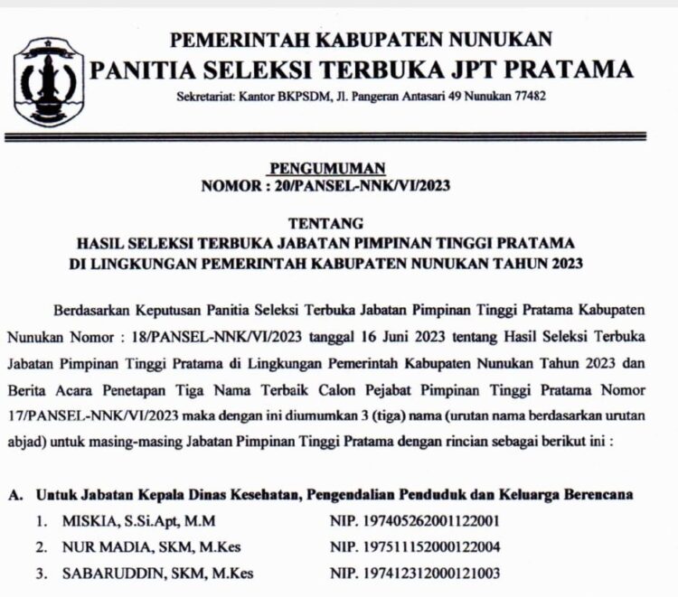 Hasil Selter JPTP Tetapkan 3 Nama Terbaik