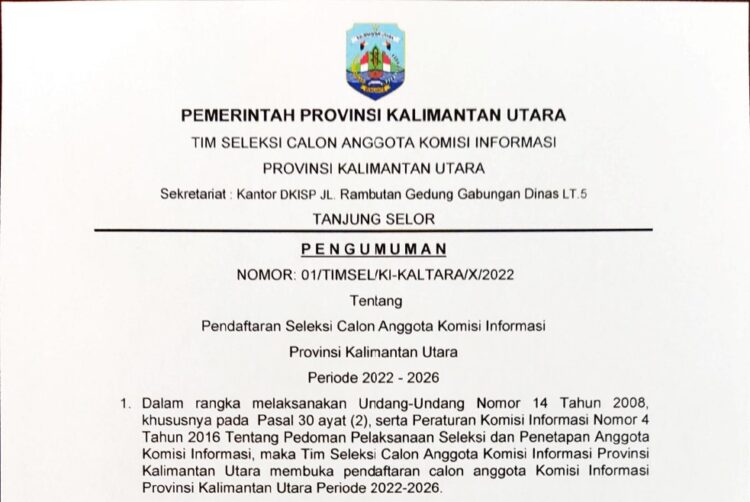 Pengumuman Pendaftaran Seleksi Calon Anggota Komisi Informasi Provinsi Kalimantan Utara