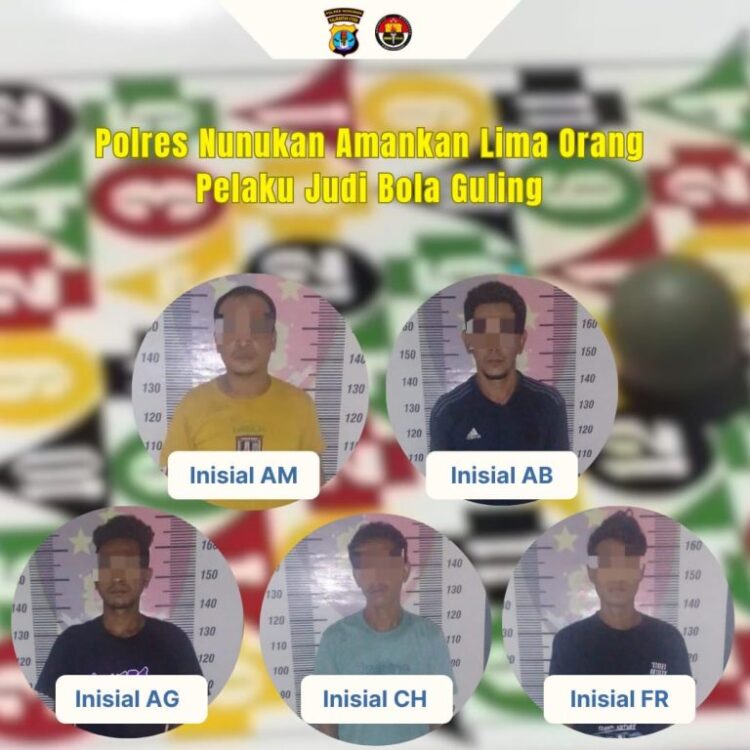 Tampang 5 pelaku judi bola guling (Foto : Humas Polres Nunukan)
