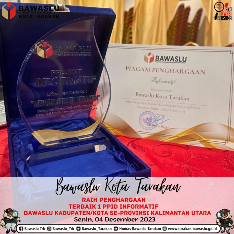 Piagam penghargaan PPID terbaik se- Kaltara (Foto: Instagram Bawaslu Tarakan)